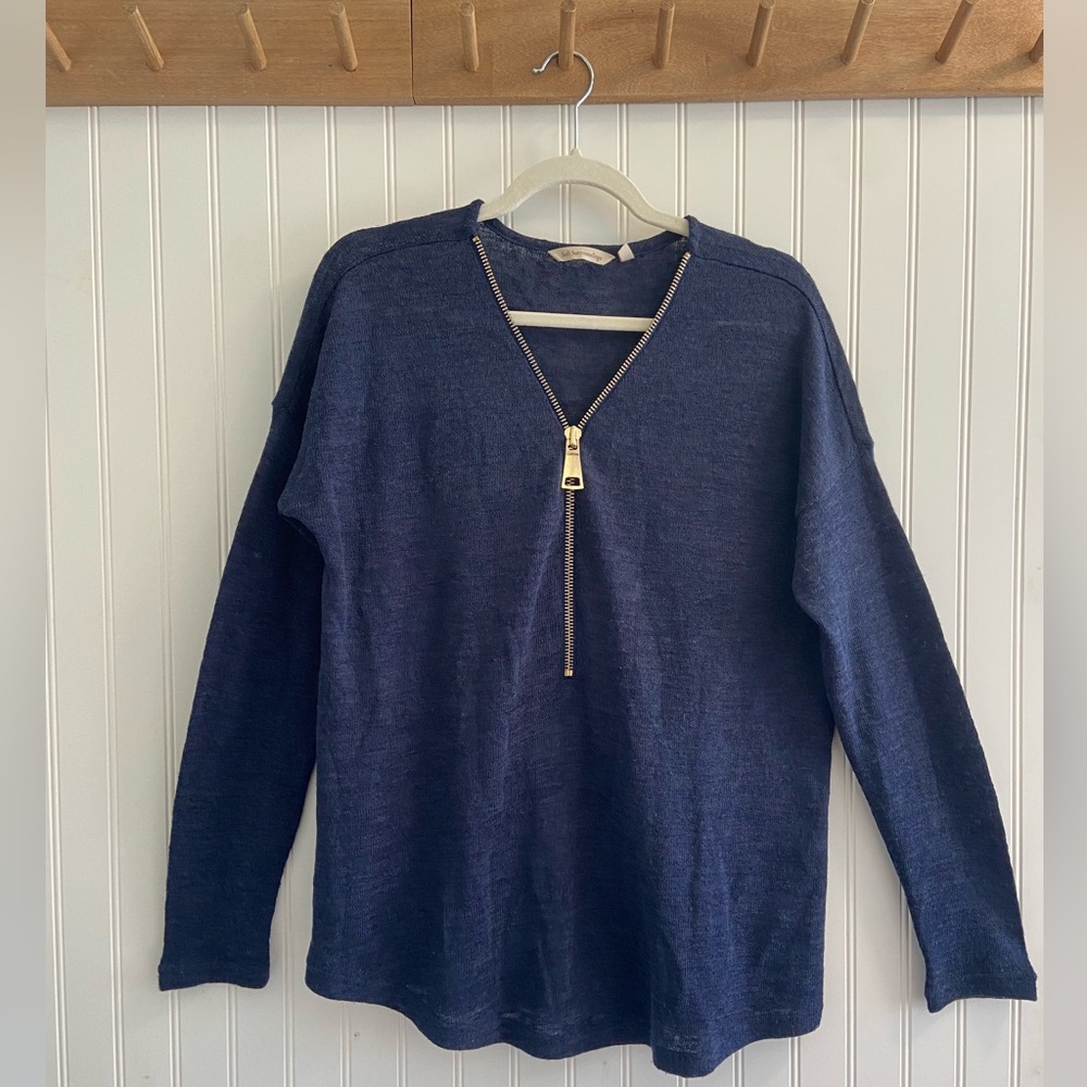 Soft Surroundings Lightweight Knit Sweater V Neck Gold Zipper Long Sleeve L
